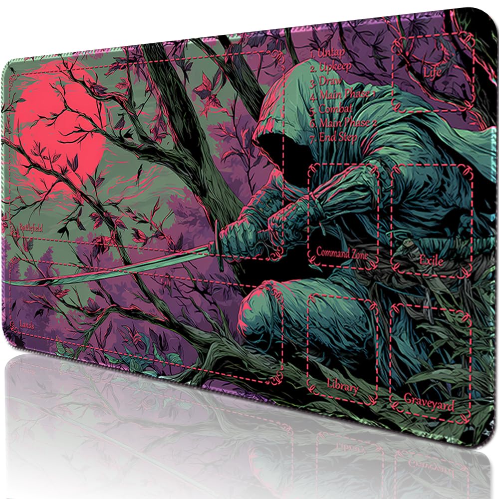 BUIBUIC MTG Playmats(Stitched) 14x24in Compatible for OCG CCG RPG TCG Playmats with Card Zones Storage Bag (Assassins-with Zone)