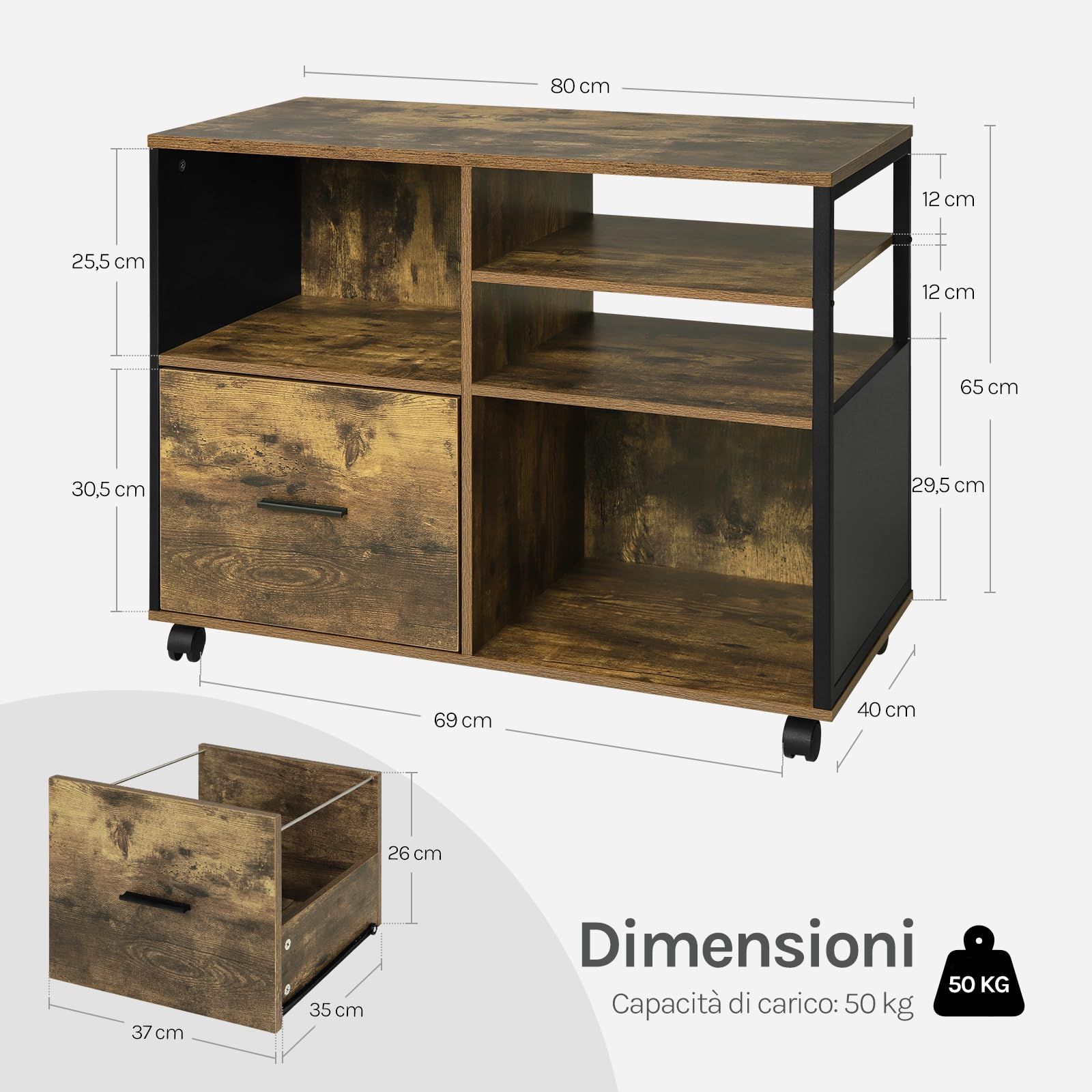 WOLTU Schedario da Ufficio con 4 Scomparti a Giorno, Mobile da Ufficio per Documenti con Ruote, Mobile Vintage per Stampante con 1 Cassetto, in Legno e Metallo, Marrone Rustico e Nero, ASK05hov