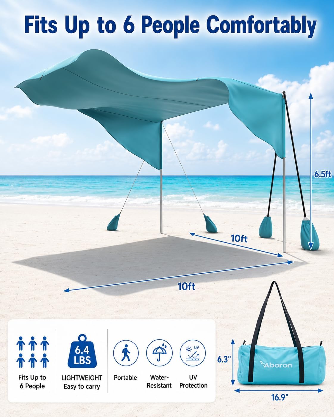 ABORON Beach Shade Canopy, 100 Sq.Ft. Wind-Supported Sunshade Sail for 4-6 People, Lightweight Easy Setup Beach Tent with UPF 50+ Sun Protection, Sandbags & Poles for Family Beach Trips (Aqua)