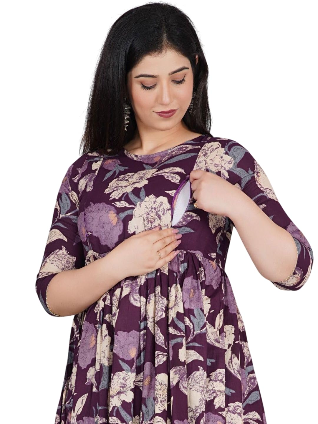 Women's Maternity Feeding Dresses for Women, Easy Breastfeeding Dress, Cotton Blend Anarkali Dress with Nursing Zip for Pre & Post Pregnancy-picture-22
