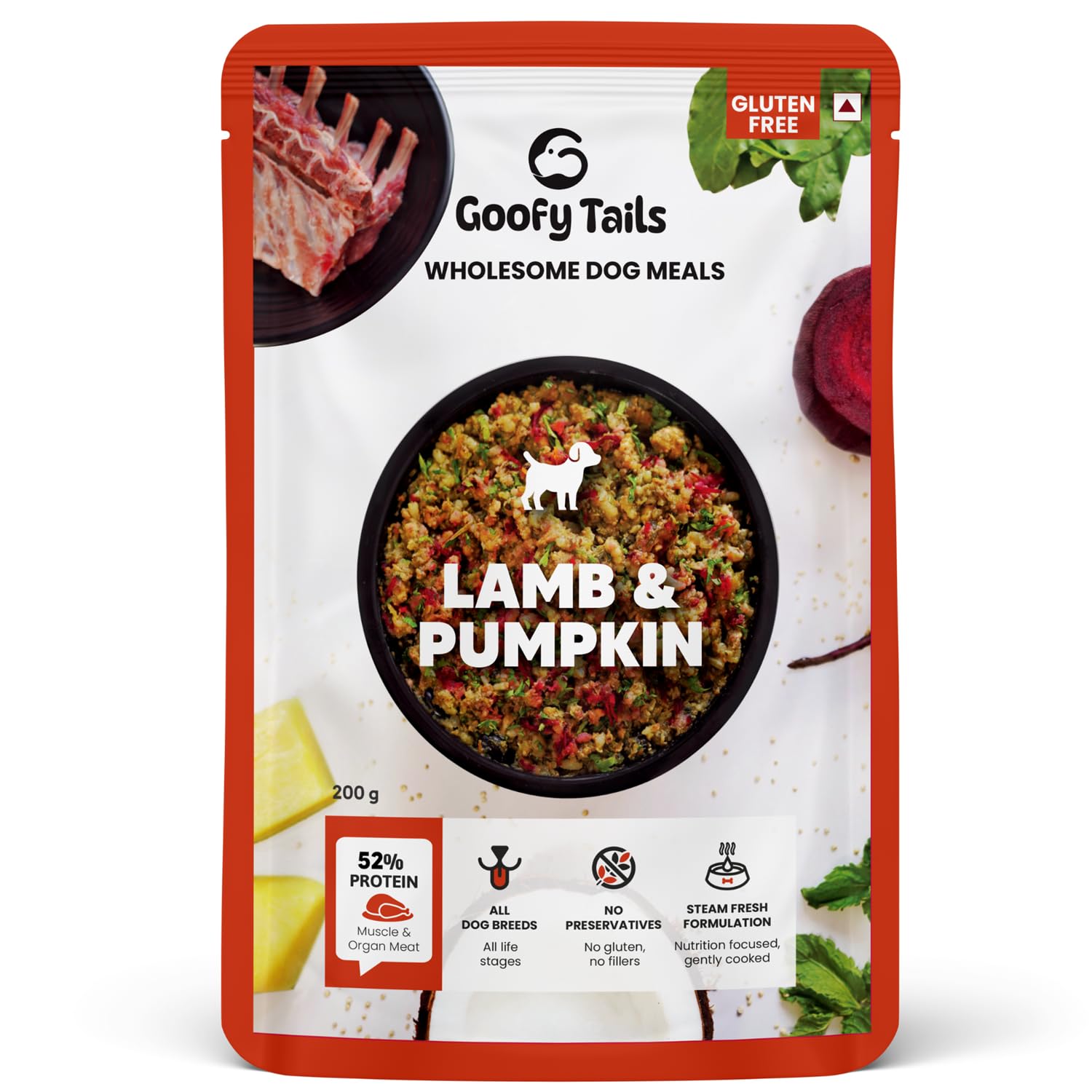 Goofy Tails Lamb & Pumpkin Wet Dog Food 200g (200g X 1 Pack), Wholesome, Human Grade, Preservative & Gluten Free, Taste Booster & Food Topper