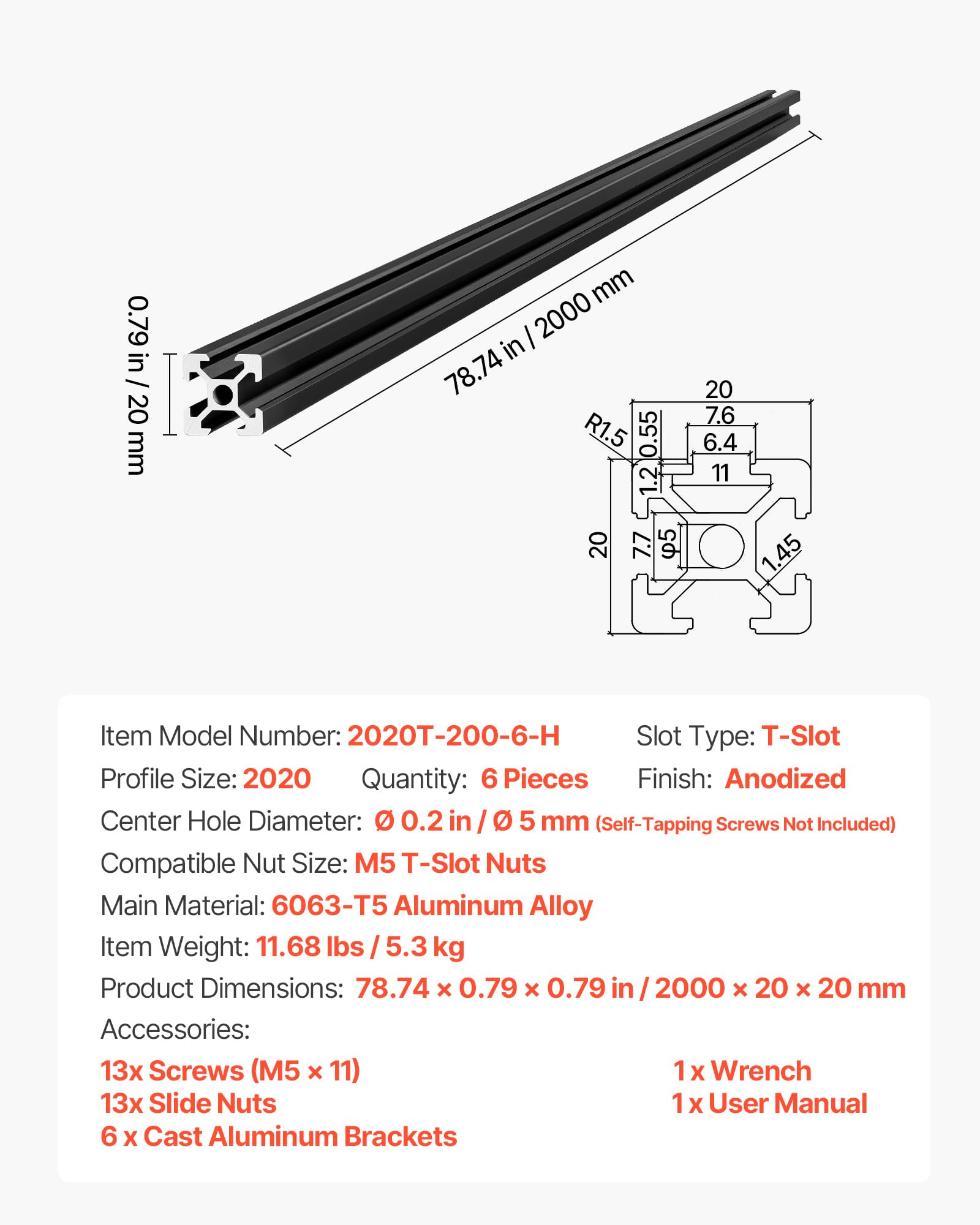 VEVOR 2020 Aluminium Profile 6 Stk. 2 m, Eloxierte T-Nut-Aluprofile nach EU-Standard, Hochfestes Strangpressprofil, Aluminiumschiene für 3D-Druckerteile, CNC-DIY-Werkbänke und Montage, Schwarz
