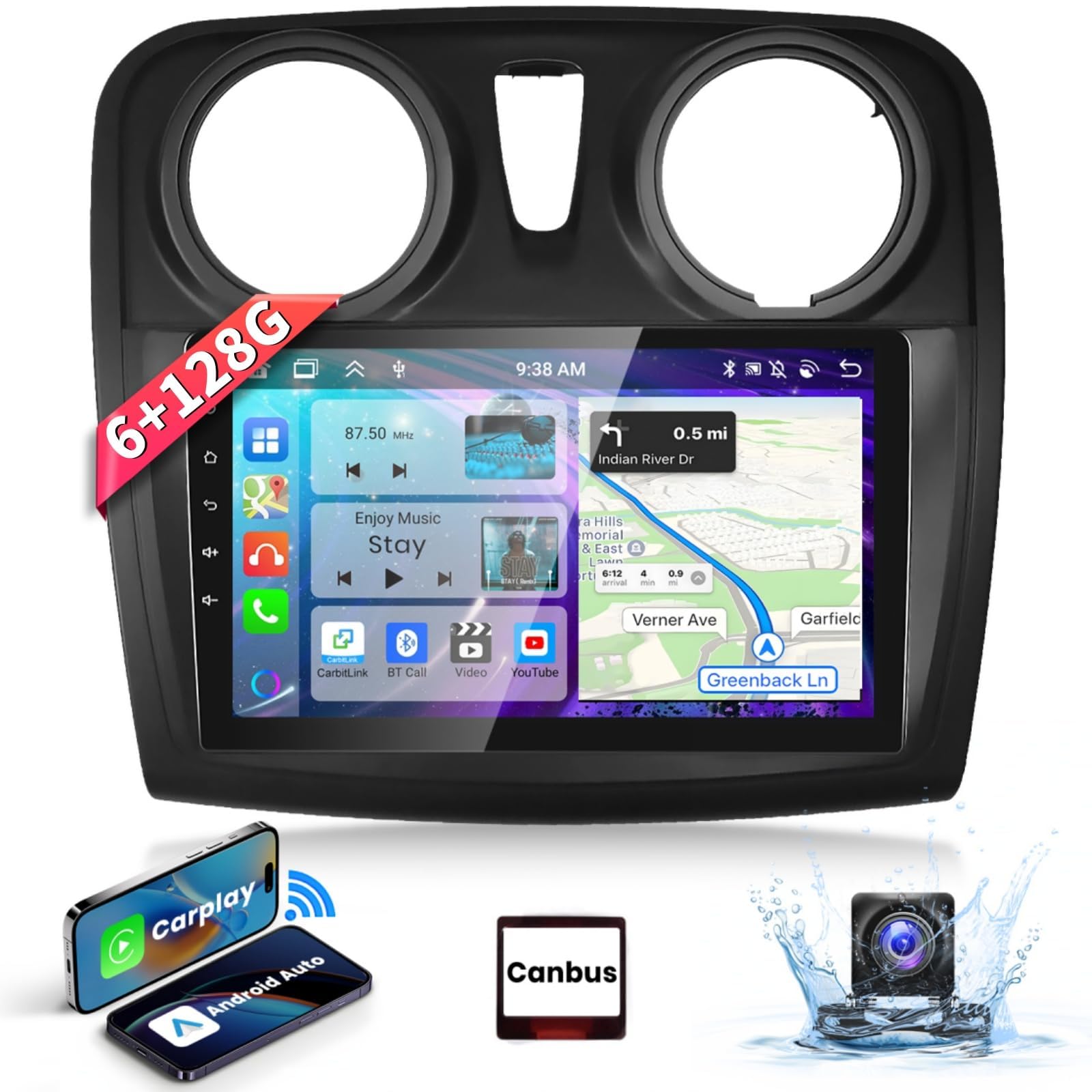 【6G+128G 8-Core】 Podofo 9" Autoradio Bluetooth pour Dacia SANDERO II B52 2012-2019 Carplay Android Auto sans Fil, WiFi GPS Navi HiFi/RDS/FM DSP,Radio Android 13 2 DIN avec Caméra de recul AHD