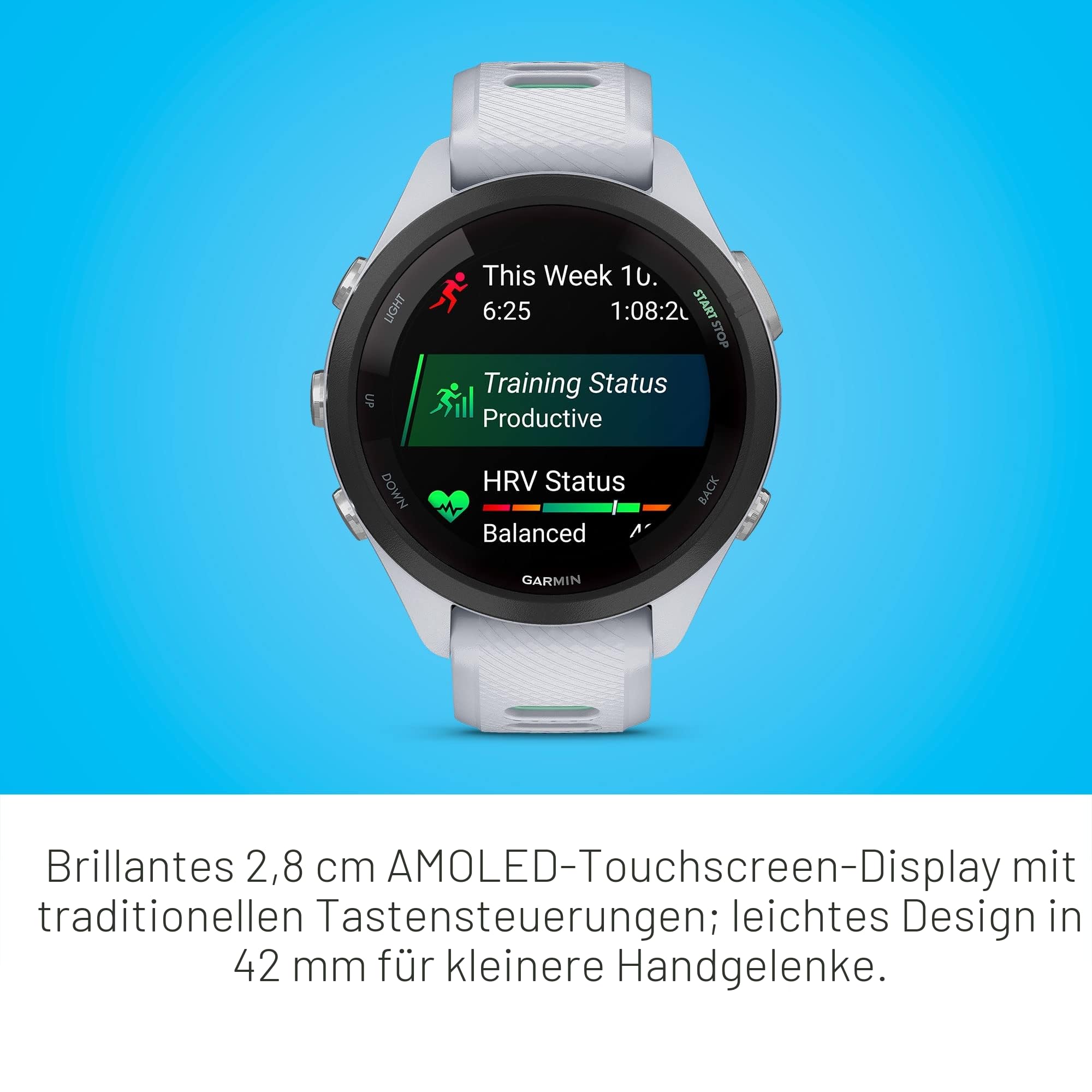 Garmin Forerunner 265S Smartwatch für Laufsport, farbiges AMOLED-Display, Trainingsmessungen und Wiederherstellungsinformationen, weißer Stein und Neo Tropic