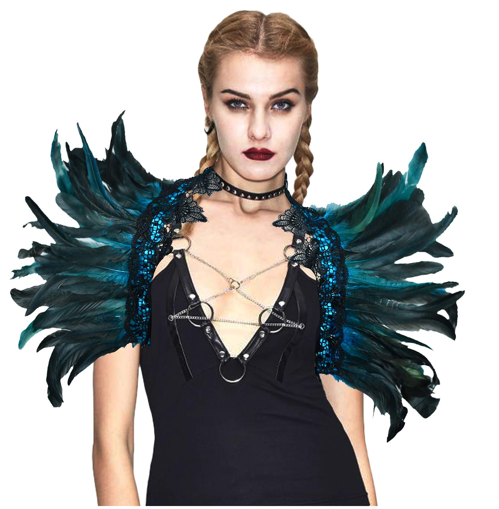 L'VOWGothic Natural Feather Cape Shawl Shoulder Wrap Lace Collar Halloween Evil Queen Costumes for Women