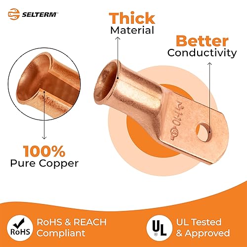 Miniatura 448 de SELTERM - 2 terminales de anillo resistentes para cable de batería, calibre 4 AWG, pernos de 3/8 pulgadas, terminales de calibre 4, ojales de cobre