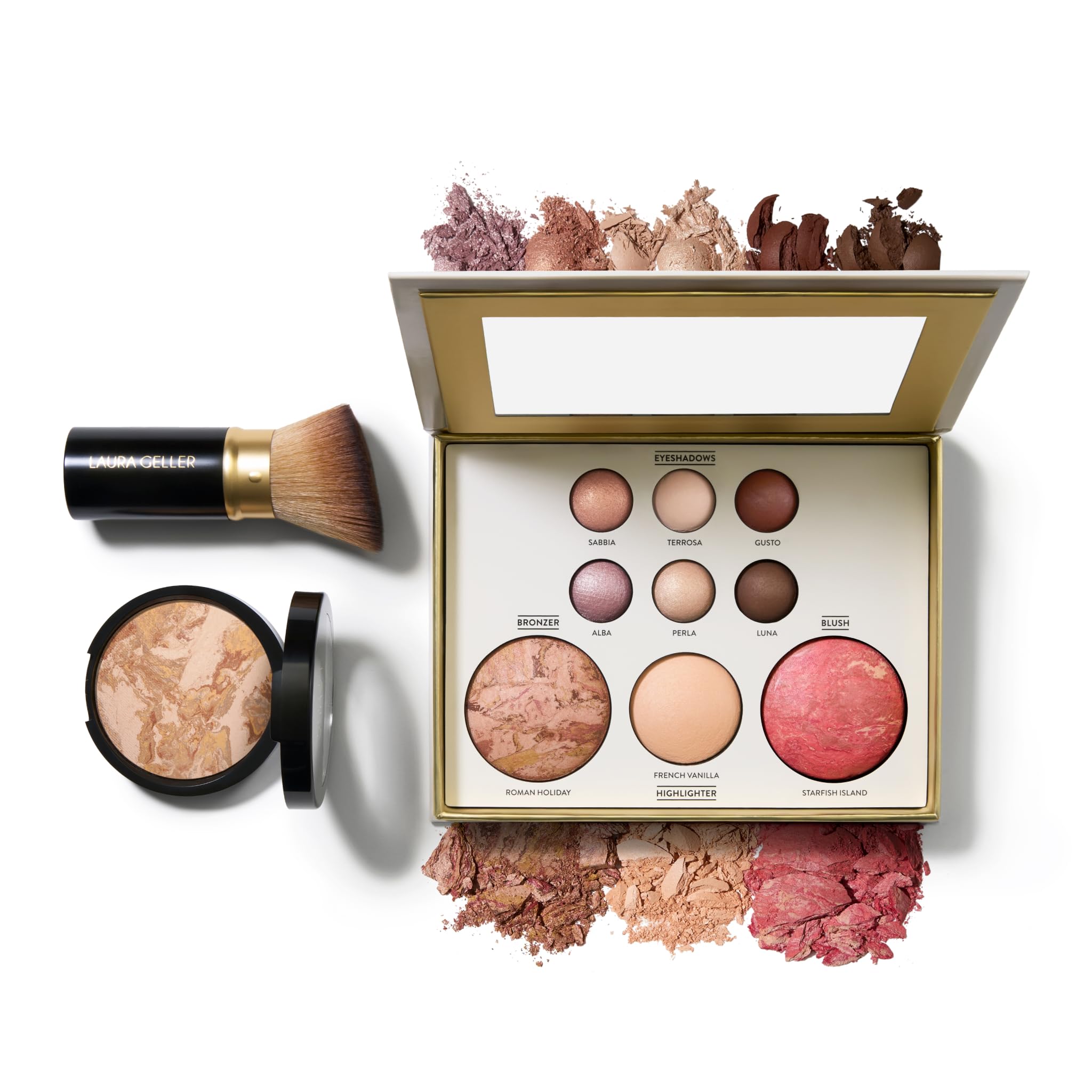 LAURA GELLER NEW YORK Baked Starter Kit- Baked Balance-n-Brighten, Medium + Best of the Best Tuscan Dreams Face Palette + Retractable Angled Kabuki