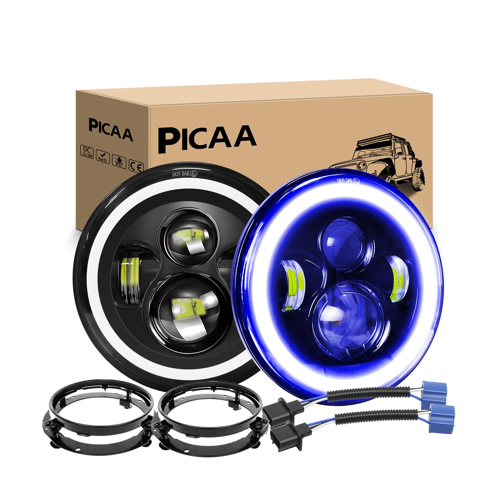 PICAA 2er Set 7-Zoll LED Scheinwerfer für Motorrad mit Montagehalterung