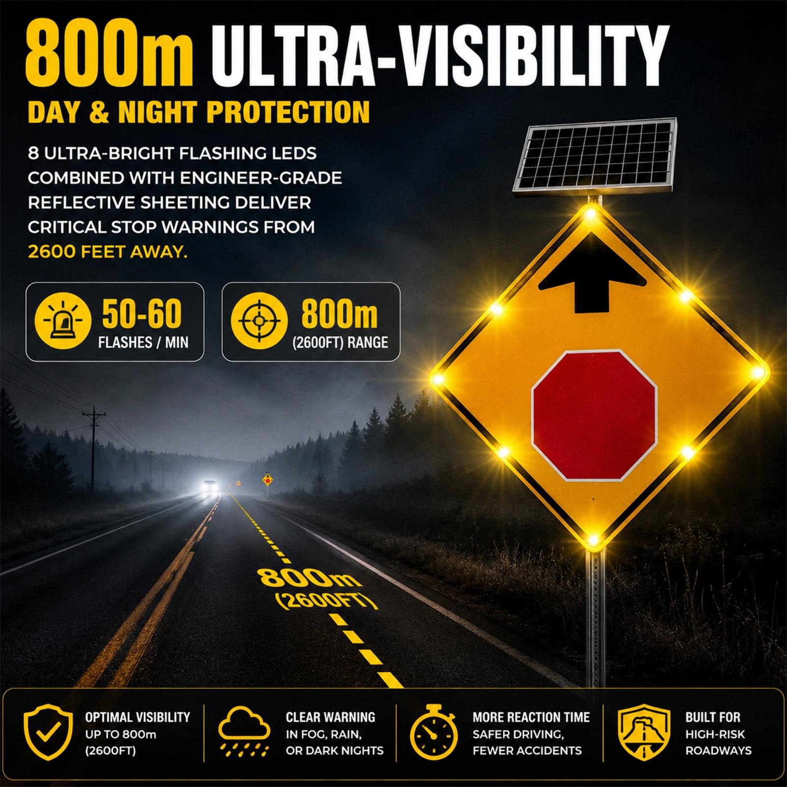 Señalización Vial Stop Adelante Solar 24"/32", Letrero Alta Visibilidad LED Parpadeante, Dispositivo de Peligro en Aluminio Reflectante para Carretera Curva Rampa(32IN)
