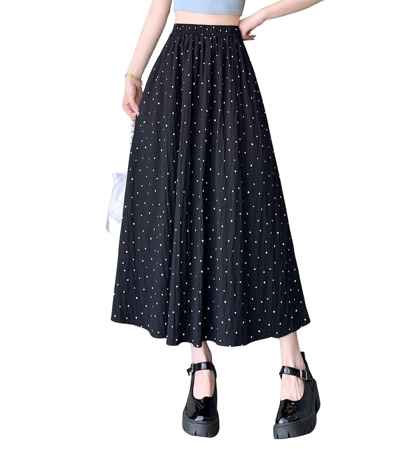 chouyatou Womens Boho Ditsy Polka Dot A-Line Skirt Elastic Waist Swing Pleated Midi Long Skirt with Pockets