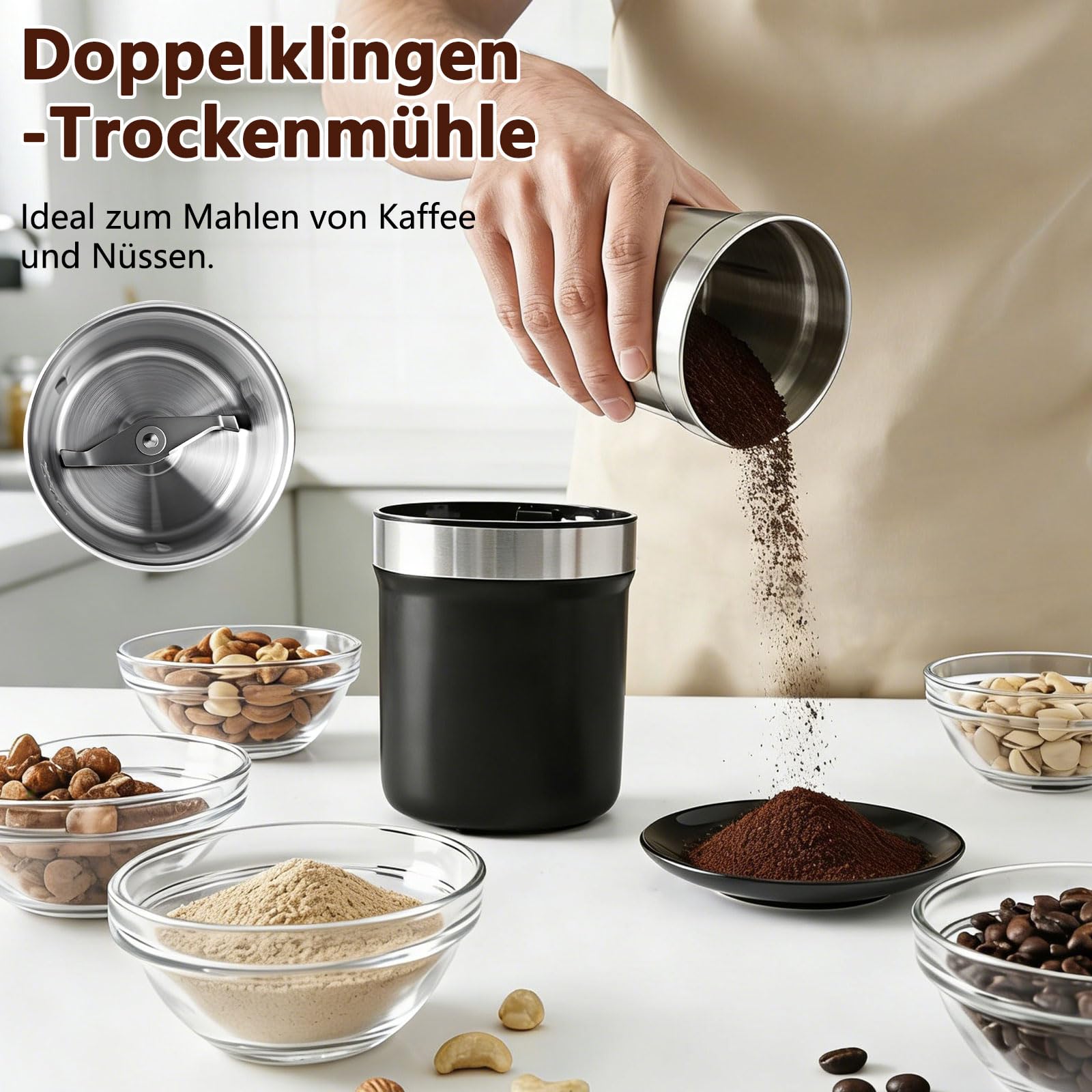 Moulin à Café Électrique Livré avec deux bols amovibles, Broyeur à Graines de Lin, Semences de Café, Noix, Poivre, Machine à café réglable pour Espresso/Gocciolamento/Expédition/Epices de Cuisine