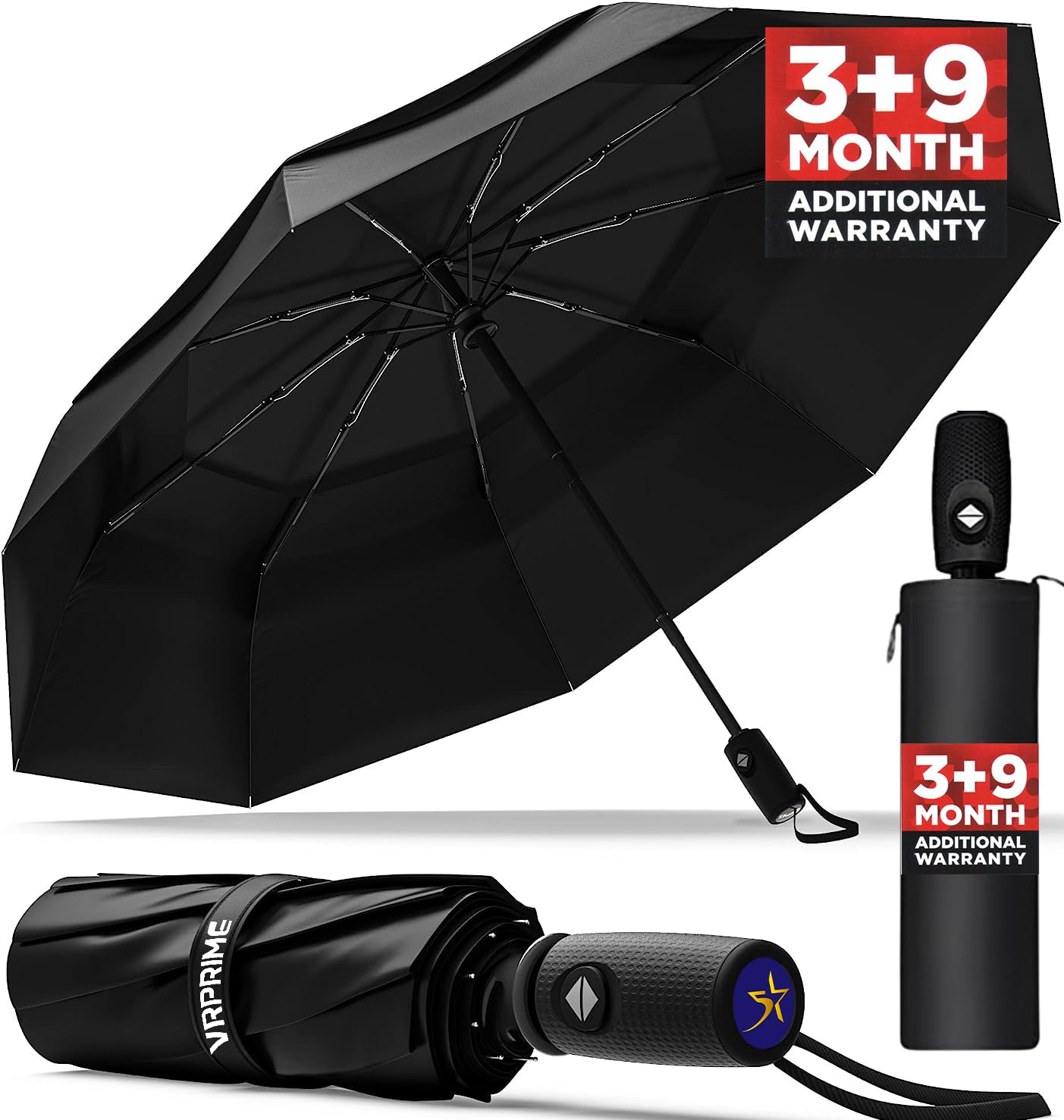 VRPRIMEUNBREAKABLE Umbrella for Men Women | 3 Fold Umbrella with Reflective Strip | Fully Automatic 9 Ribs 21 inch Umbrellas for Heavy Rain Travel Inverted Waterproof