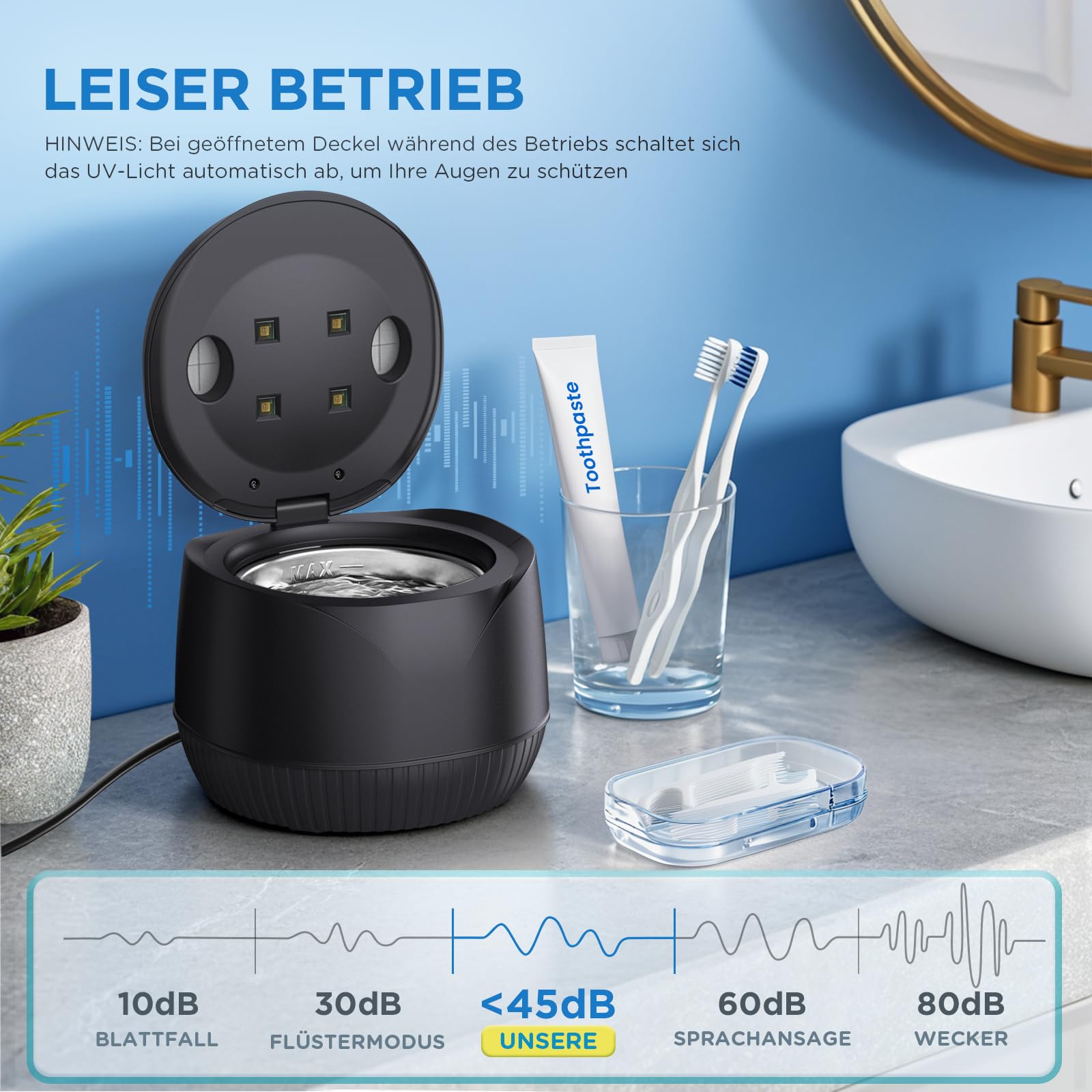 Limpiador ultrasónico 45000 Hz UV ultrasónico 200 ml Dental Pod – Limpiador ultrasónico para retenedores, alineadores, férulas dentales, prótesis, joyas con temporizador digital (negro)