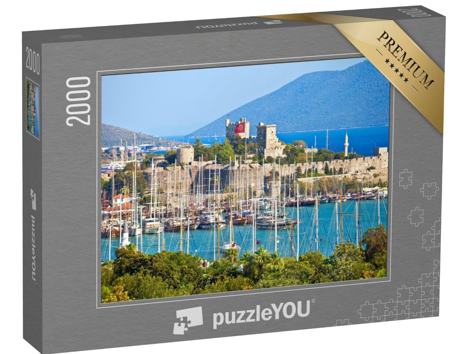 puzzleYOU: Puzzle 2000 Teile „Bodrum Kalesi (Schloss St. Peter) in Bodrum, Blick vom Meer, Türkei“