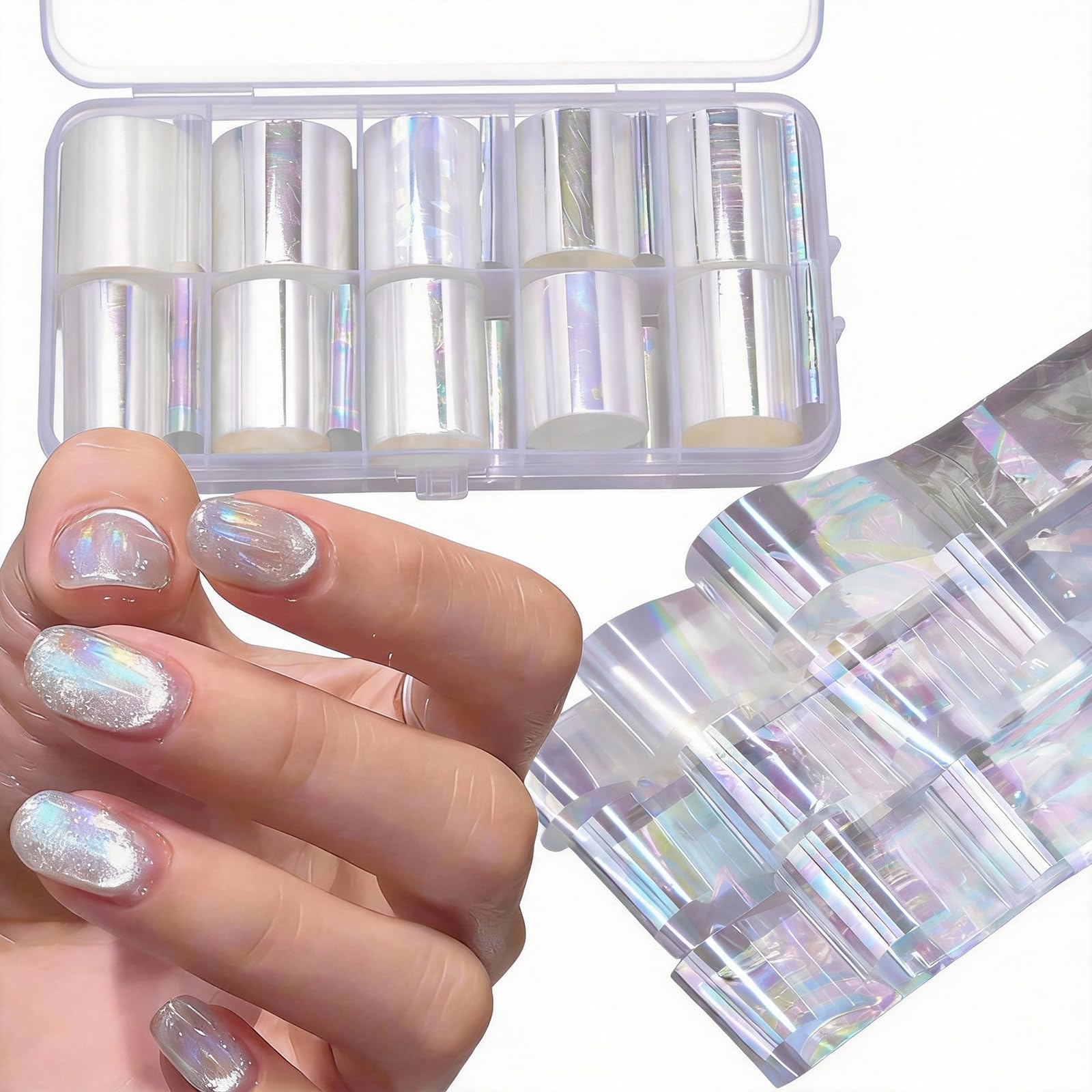 WOKOTO 10 Rolls White Pearl Color Holographic Nail Art Foil Transfer Roll Set Mix-Pattern Stickers Nails Transfer Decals Wraps Kit(1.0inchs39.4inchs / 2.5cm100cm)-image-18