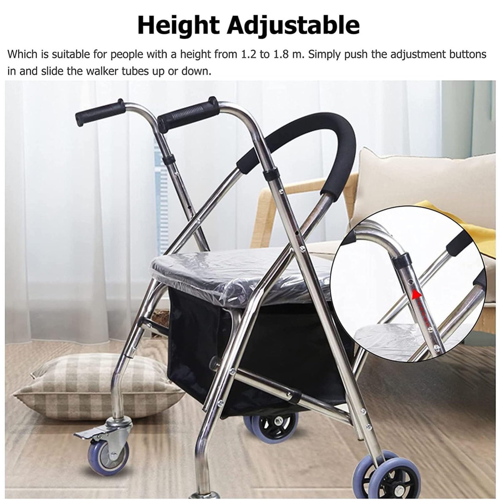 Rollator De 4 Ruedas, Andador para Ancianos con Asiento, Andador para Minusválidos, Andador con Frenos por Presión, Lige Altura Ajustable B