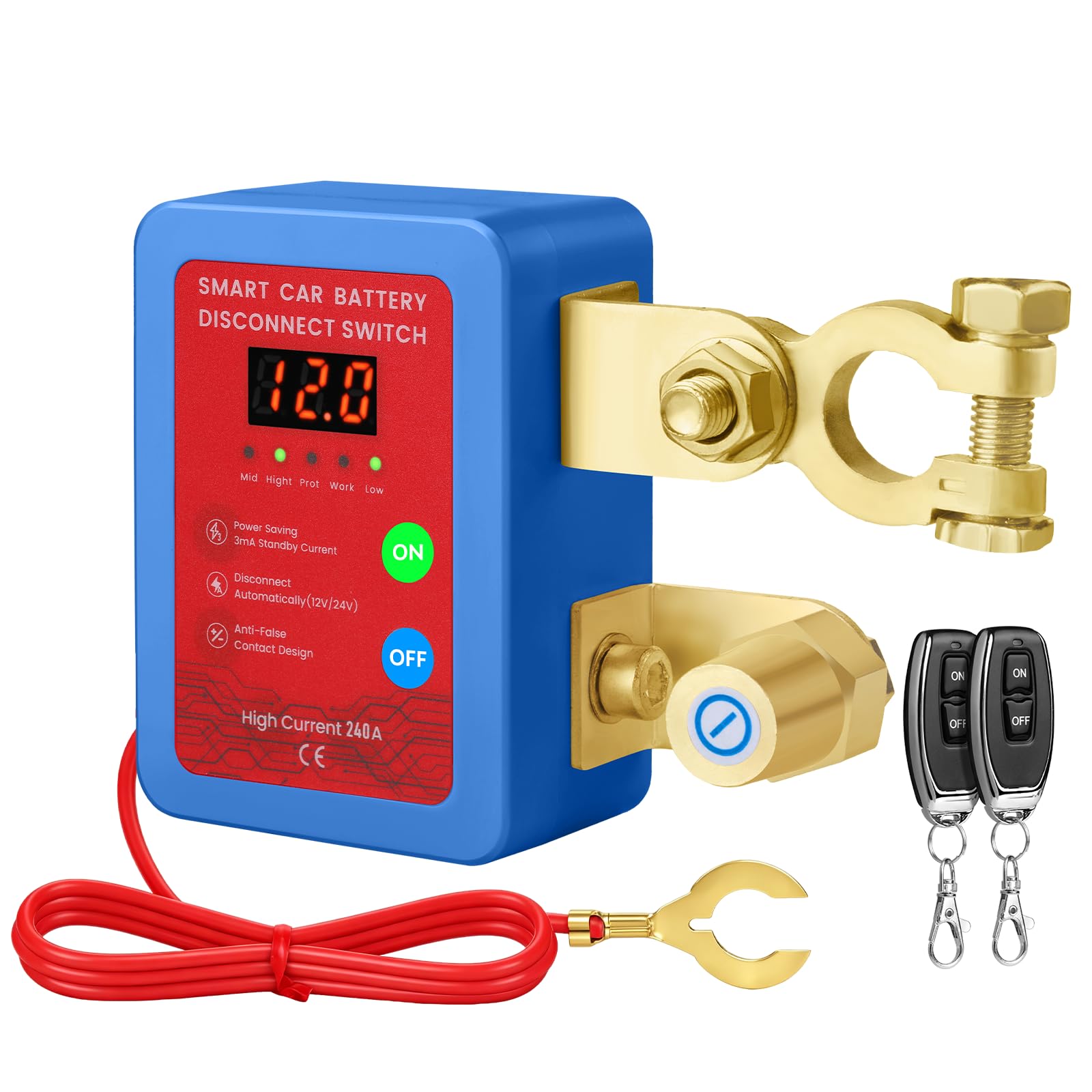 Drahtloser Auto Batterietrennschalter 12V mit Fernbedienung, 240A Drahtloser Fernbatterie-Trennschalter für Autos, Batterie Trennschalter mit Fernbedienung für RV, ATV, LKW, Yacht, Boot (Blue Red) | 12 V 240 A Fernbedienung, automatischer Ausschalter mit