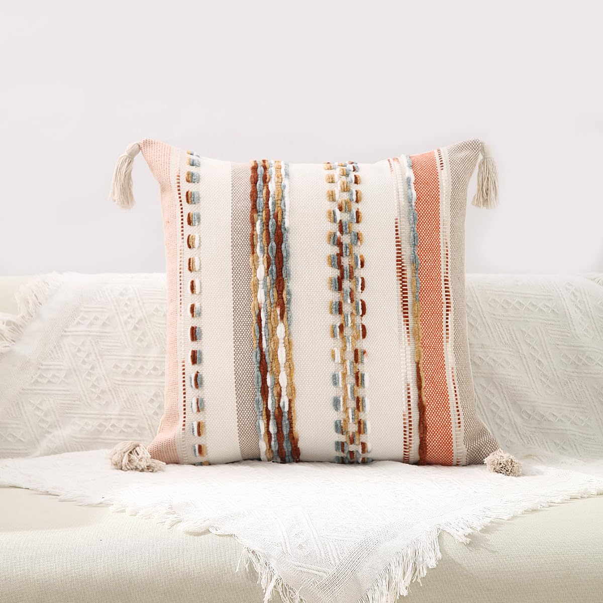 2 Pcs Boho Chenille Throw Pillow Covers Square Pillow Cases, 18x18 Inch