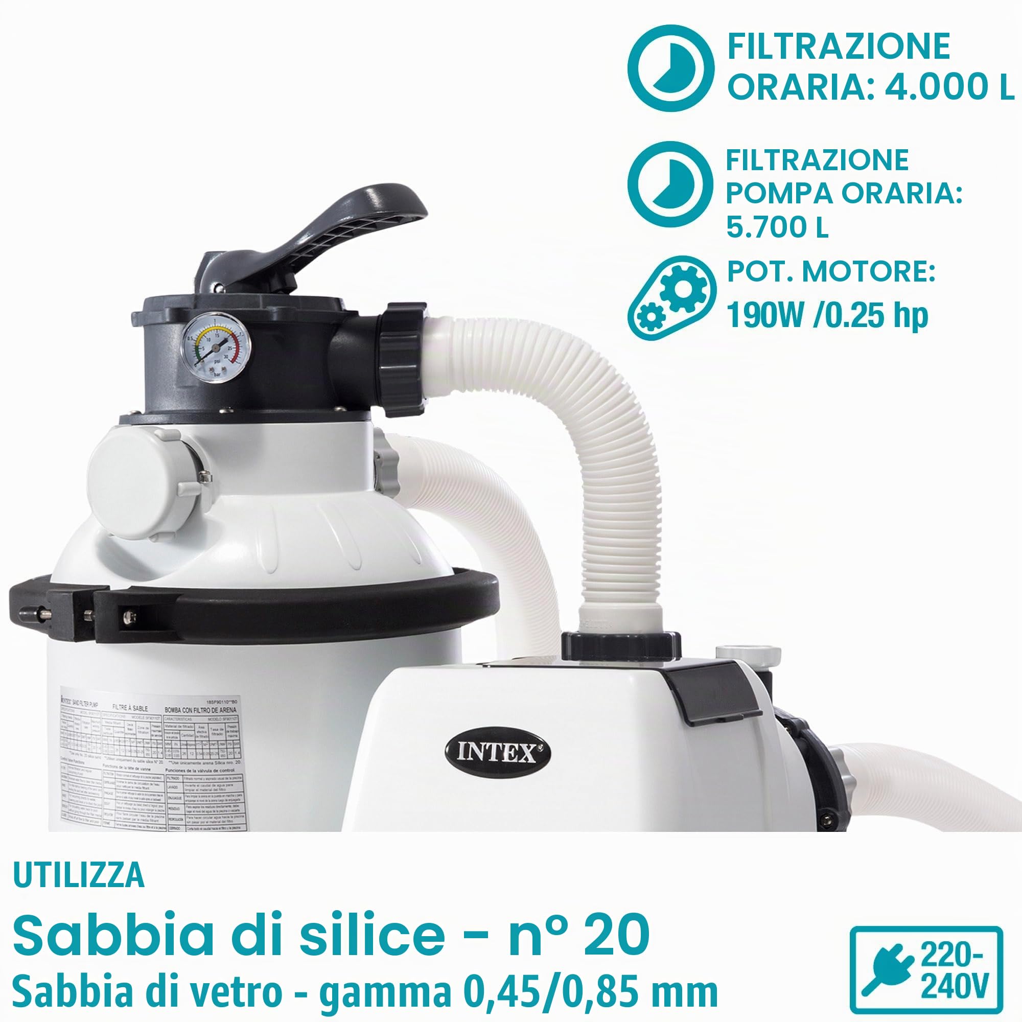 Intex 26792NP – Piscina Fuori Terra Prisma Frame Rettangolare, Pompa Filtro 3785 L/h & 26644 – Pompa Filtro a Sabbia Krystal Clear, Flusso d'Acqua 5700 L/h, Flusso di Sistema 4000 L
