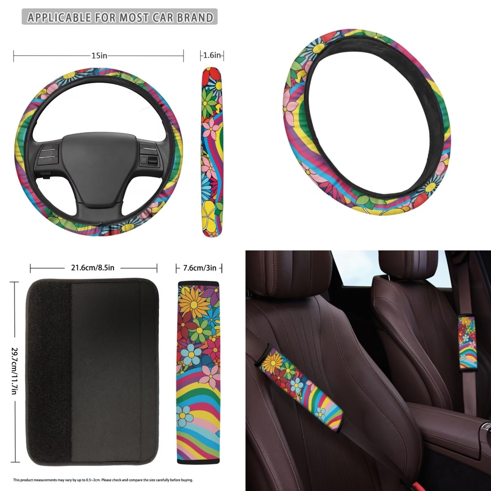 Juego completo de fundas para asientos de coche 70S Floral, juego de 10 con estampado de ondas arcoíris hippie, funda para volante, bolsa de basura