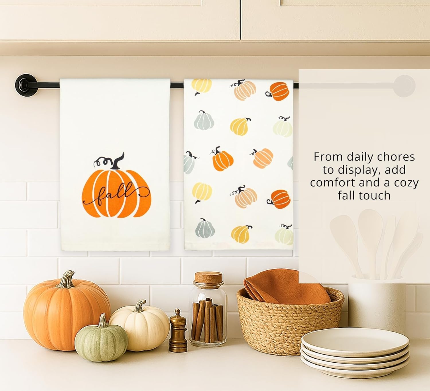 PurpleEssences Pumpkin Cotton Kitchen Towels Set of 4 - Absorbent Dish Towels Set Tea Towels Bar Towels Multi Purpose Kitchen Linen, Drying Dish Hand Towels 16 x 26 Inch - Fall Home