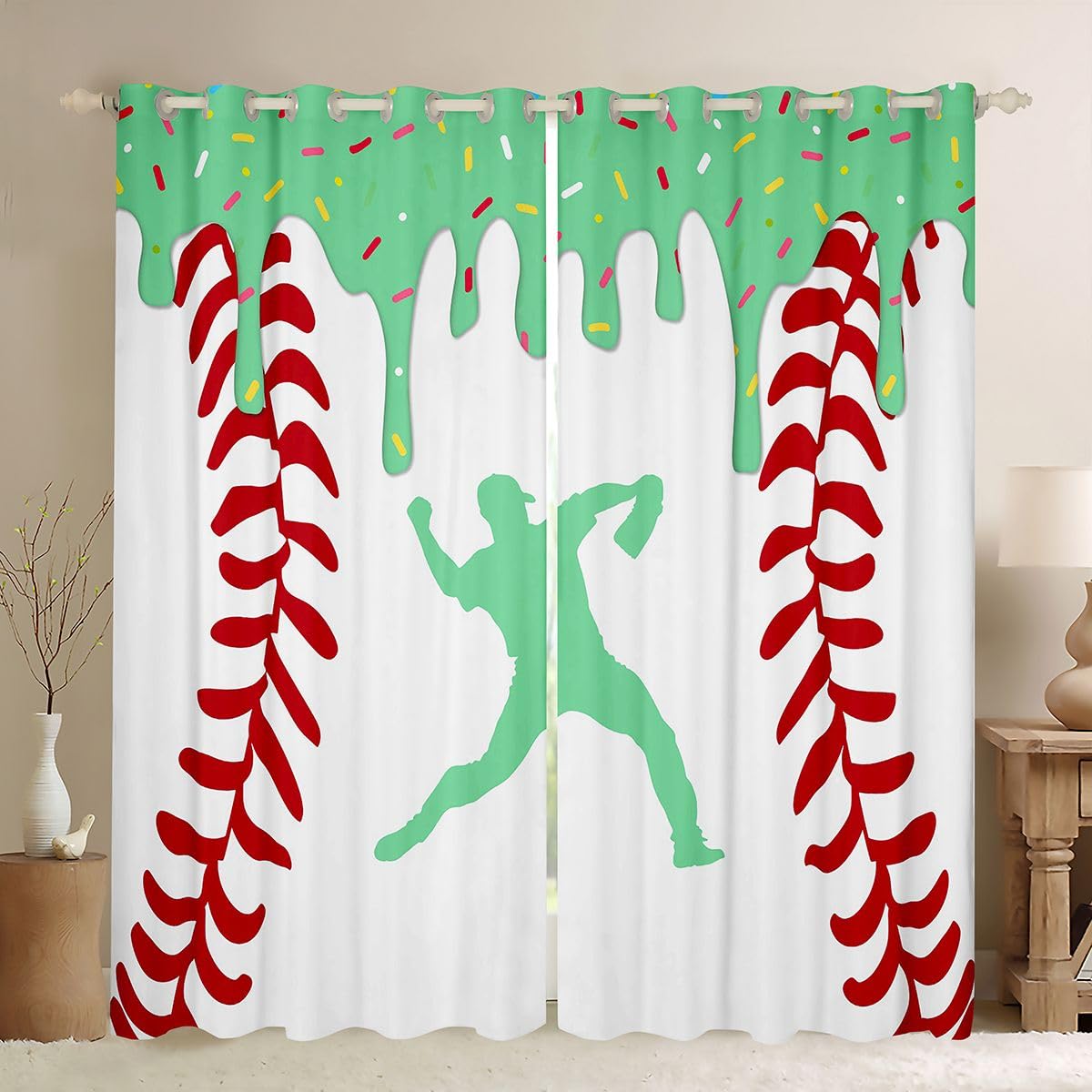Homewish Baseballowe zasłony okienne z lodami, 132 x 160 cm, 2 zestawy paneli – zasłony zaciemniające do gier baseballowych, zielone sportowcy, sylwetka, zasłony okienne, słodkie cukierki, deser