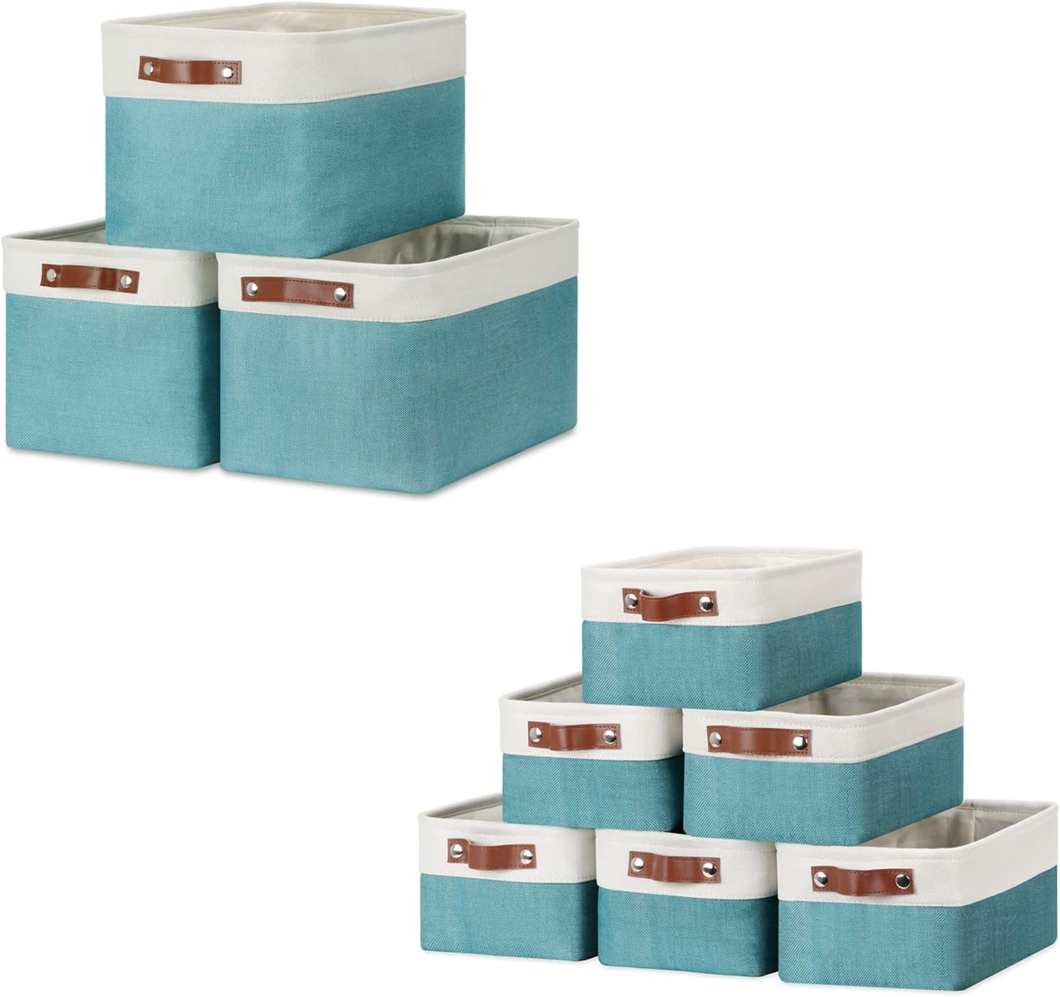 DULLEMELO Collapsible Bundle Baskets 3 Medium Baskets 15"x11"x9.5" + 6 Small Baskets 11.8"x7.9"x5.1"（White&Teal)
