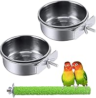 PINVNBY Stainless Steel Parrot Feeding Dishes with Clamp Holder & Wooden Perch Stand - 3 Pack for Bird Cages, Budgies, Cockatiels