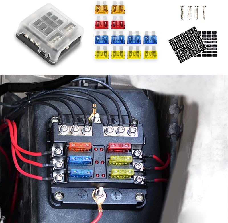 Bloco de fusíveis marítimo ASUBHA com 6 vias, indicador LED e tampa transparente 12 V/24 V – Kit com fusíveis e parafusos