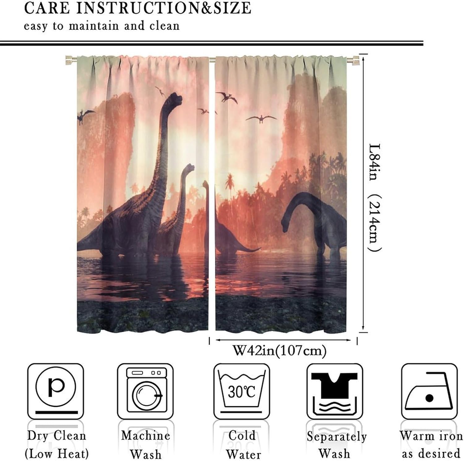 Brebasf Fantasy Tropical Dinosaur Blackout Rod Pocket Curtains,Rustic Jungle Nature Landscape Sunset Wildlife Dino Thermal Insulation Room Darkening Window Drapes 2 Panels 84" L x 42" W