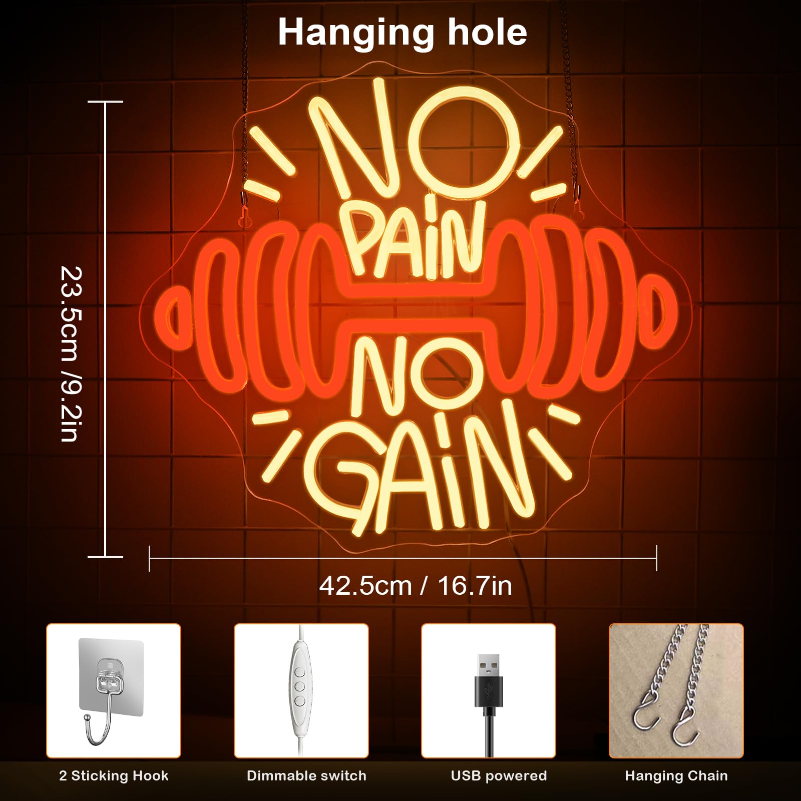 ineonlife No Pain No Gain Gym Neon Led, Mancuernas Luces Neon Naranjas Regulables para Decoración de Pared, Tira Led Neons para Estadio,Gimnasio,Sala de Entrenamiento