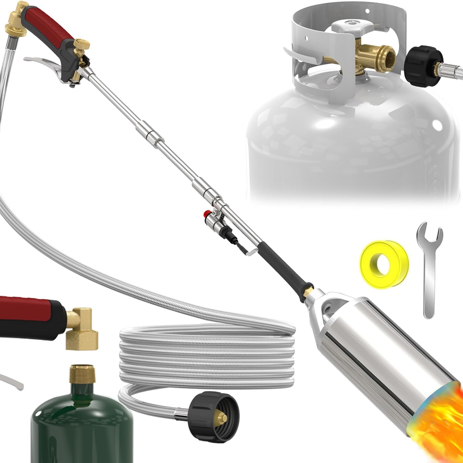 Propane Torch Weed Burner Kit, for 1lb cylinder, 5-20lb propane tank. 40'' Detachable Extended 2 modes Blow Torch with 10FT Hose, Heavy Flamethrower with Turbo Trigger for Weed Roof Melt Ice/Snow