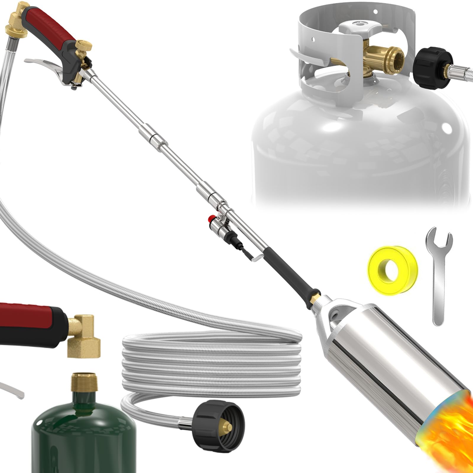 Propane Torch Weed Burner Kit, for 1lb cylinder, 5-20lb propane tank. 40'' Detachable Extended 2 modes Blow Torch with 10FT Hose, Heavy Flamethrower with Turbo Trigger for Weed Roof Melt Ice/Snow