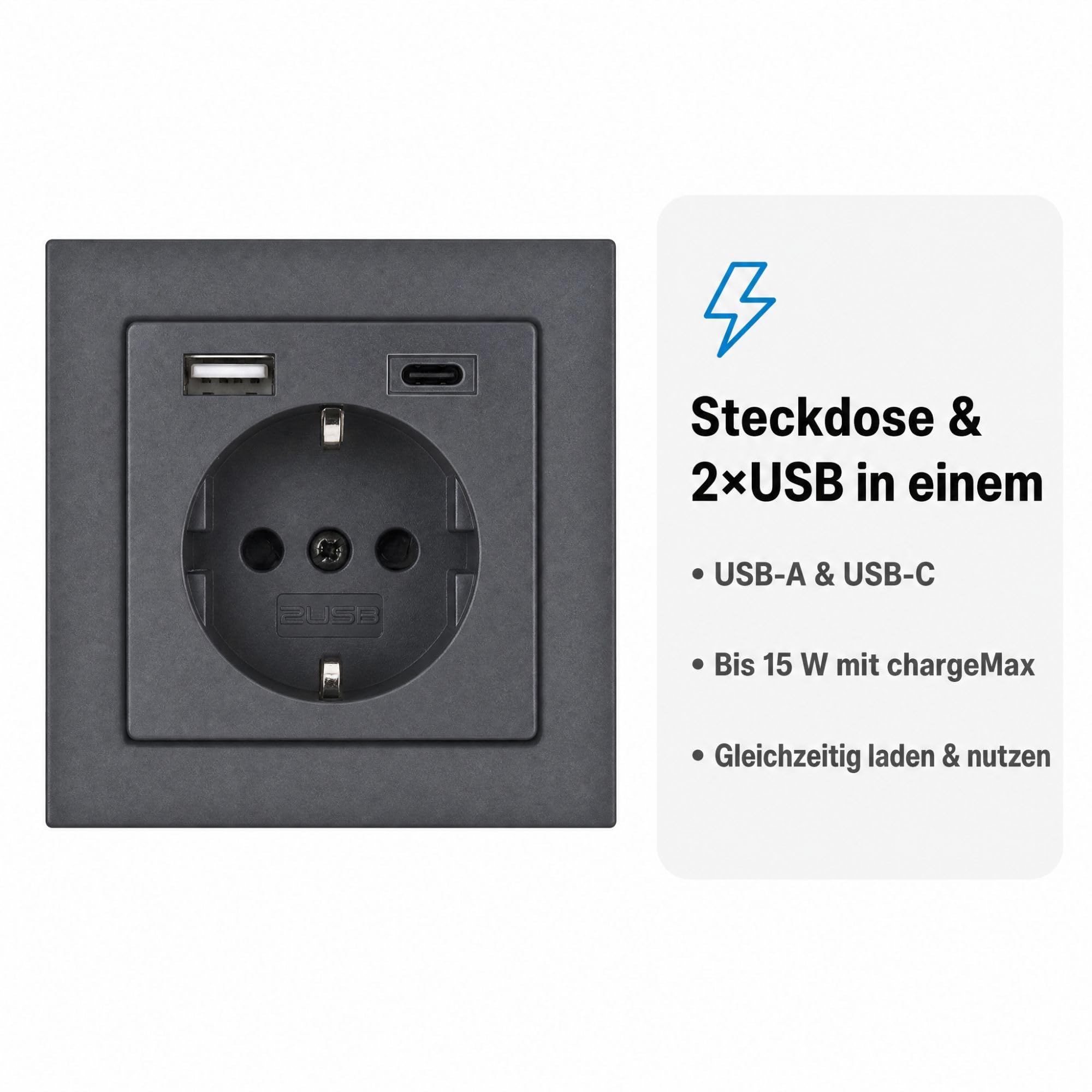 USB-Steckdose chargeMax unter Putz USB-A + USB-C mit Rahmen Ausführung 2USB, Tiefe nur 32mm, Set mit Abdeckung Gira E2 anthrazit