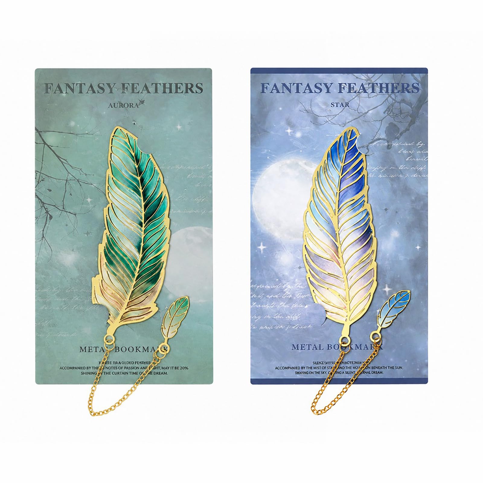 QIHAWN 2Pcs Vintage Feather Metal Bookmarks with Chain Pendant for Readers
