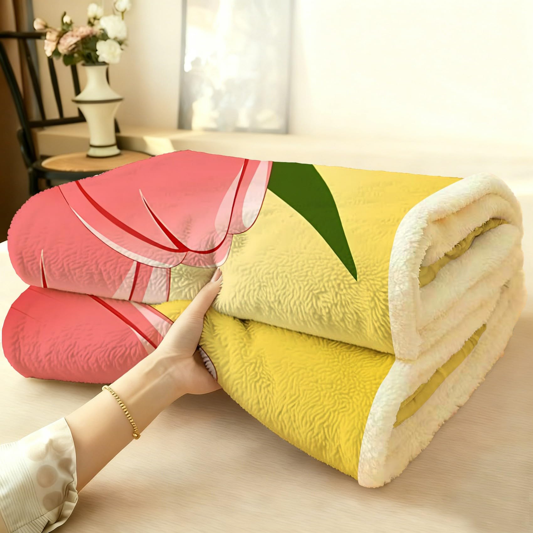 Rosa Tulpe Fleecedecke 130x150 cm – Extra dick & kuschelweich, Yellow Flauschige Decke für Einzelbett, Sofa & Wohnzimmer, Überwurf