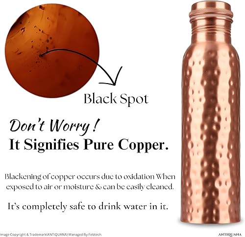 Miniatura 11 de Juego de botellas de agua de cobre puro de 34 onzas, diseño martillado a prueba de fugas con vaso, bolsa de transporte y acabado liso decorativo,