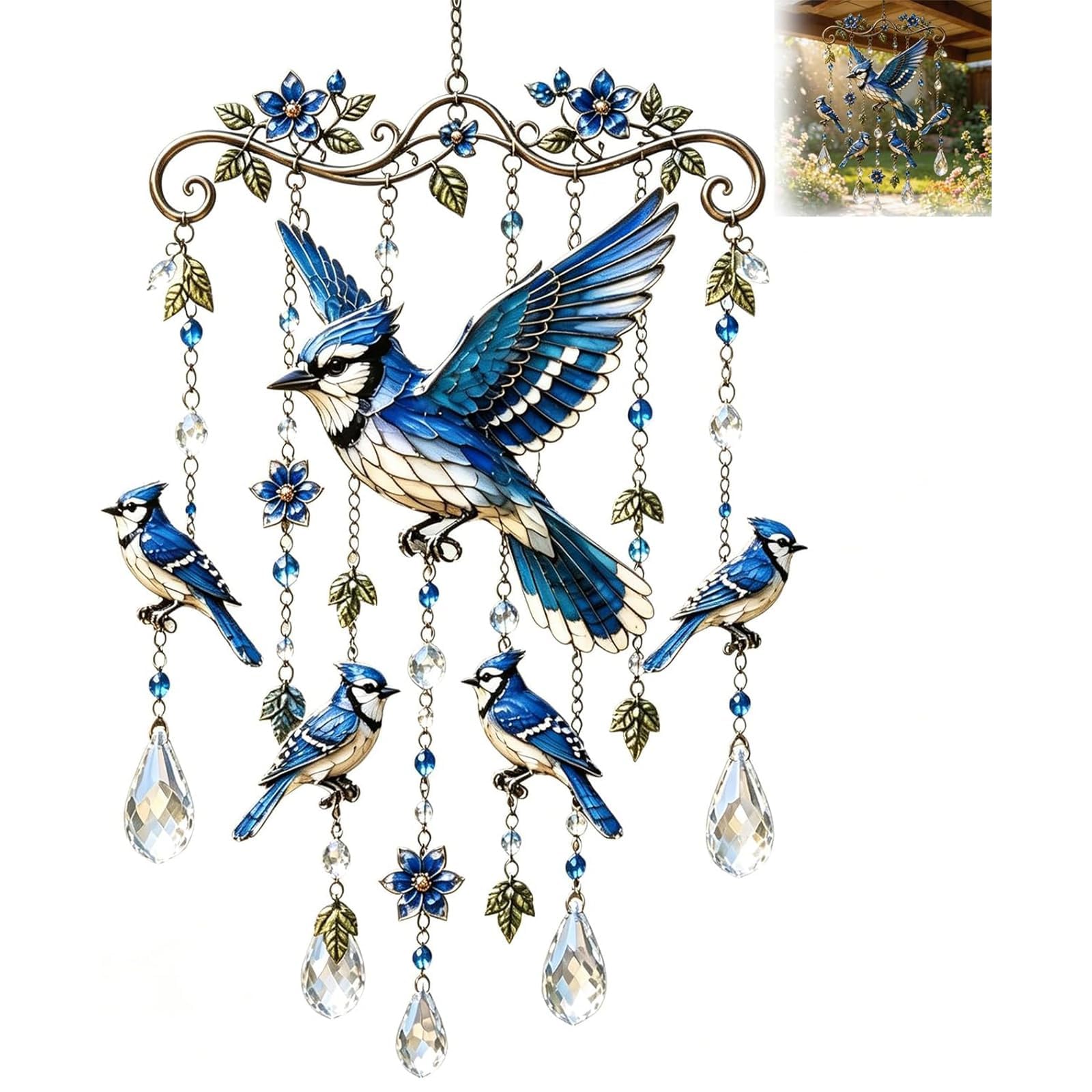 Graceful Hummingbird Wind Chime, Hummingbird Wind Chimes for Outside with Crystal Pendants, Stained Glass & Crystal Sun Catcher Windchime, Colorful Bird Yard Decoration, Memorial Gardening Gift