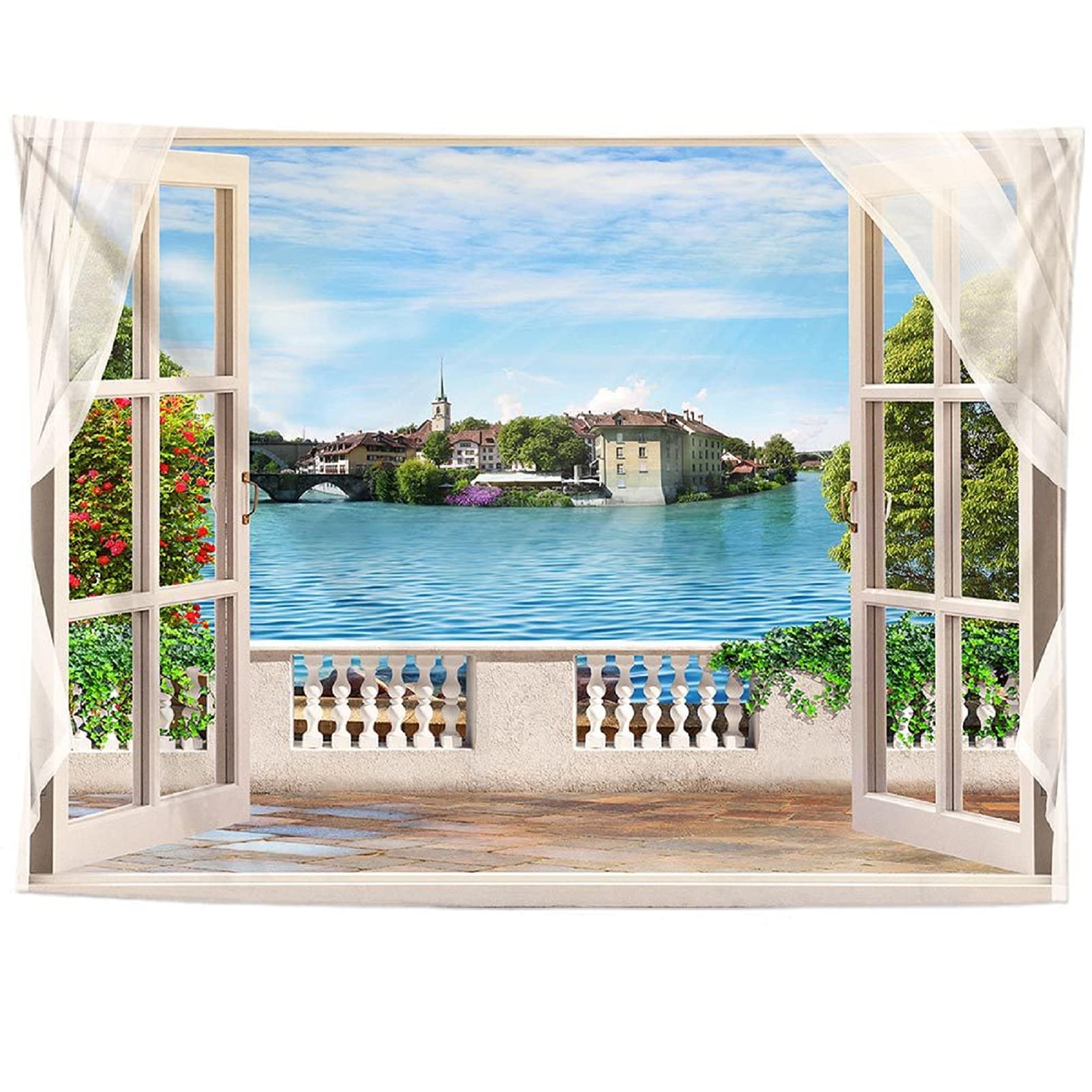 izielad Window Lake Flowers Tapestry Wall Hanging Fabric Wall Decor Art 150X230CM 59X90.5IN