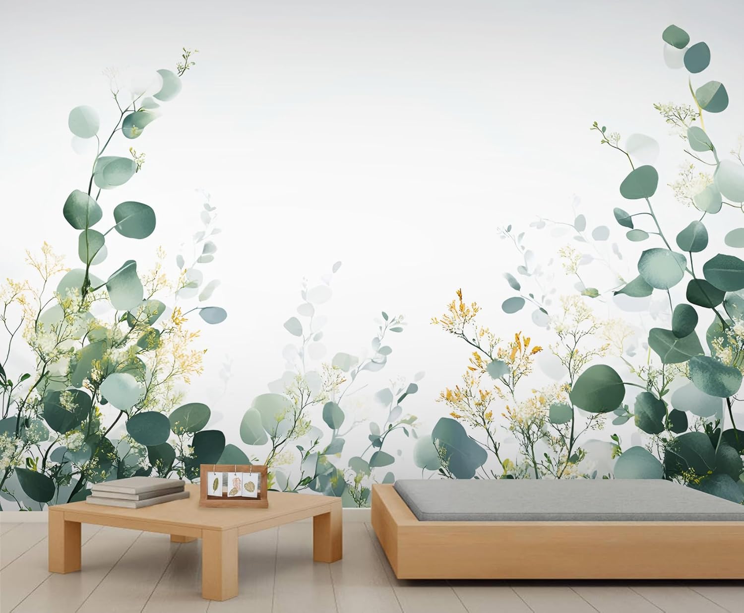 Eucalyptus Leaf Wallpaper Murals, Removable Green Leaves Wallpaper for Bedroom, Renter Friendly Wall Paper, Nordic Watercolor Wall Mural, Boho Leaf Large Mural & Room Walls Decor 79x55 in