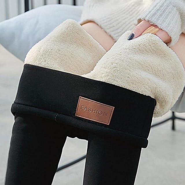 Anplio Women Winter Warm Sherpa Fleece Lined Leggings, High Waist Thick Tummy Control Cashmere Leggings Plush Thermal Pants,Women Solid Winter Warm Tight Thick Velvet Wool Cashmere Pants (Black, S)