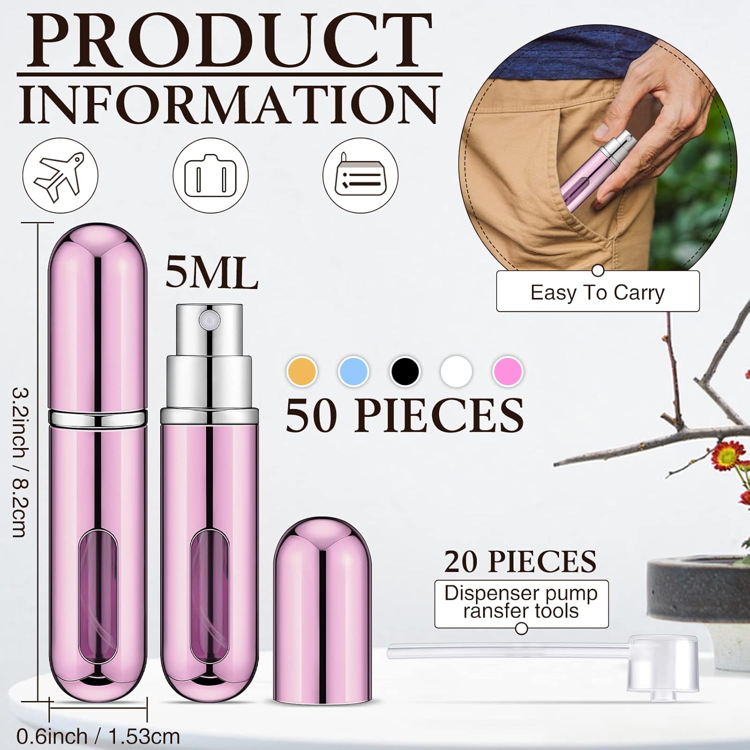 Gerrii 50 Pcs Travel Mini Perfume Refillable Portable Perfume Spray Bottle Perfume Pocket Perfume Dispenser with 20 Pcs Pump Accessories Essentials Spray Containers Scent Pump Case, 5ml (Multicolor)