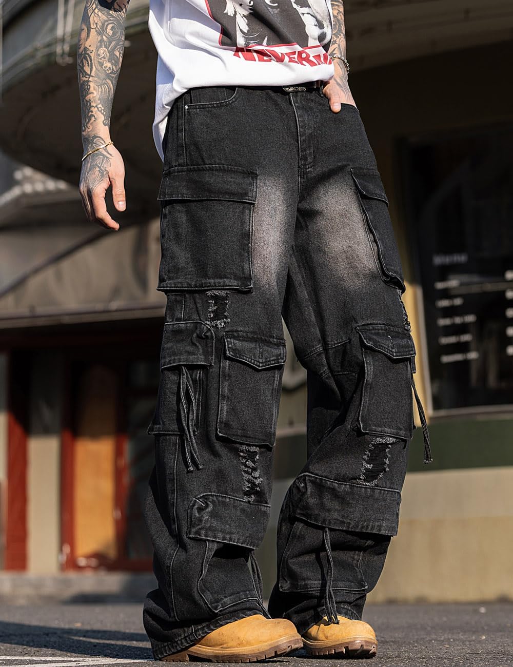 Rexcyril Men's Baggy Cargo Jeans Ripped Distressed Hip Hop Wide Leg Loose Fit Multi-Pockets Denim Pants