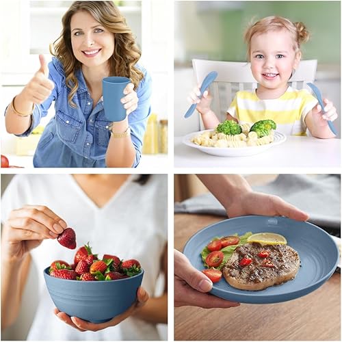 Miniatura 9 de Shopwithgreen Juego de vajilla de paja de trigo, 20 piezas de platos y cuencos irrompibles para microondas, vajilla ligera y reutilizable, cuencos,