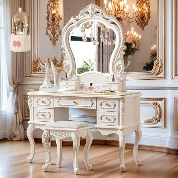 Dressing Table with Mirror & Chair, Vanity Desk with 5 Drawers & Makeup Brush Storage Bin,French Vintage 110cmB