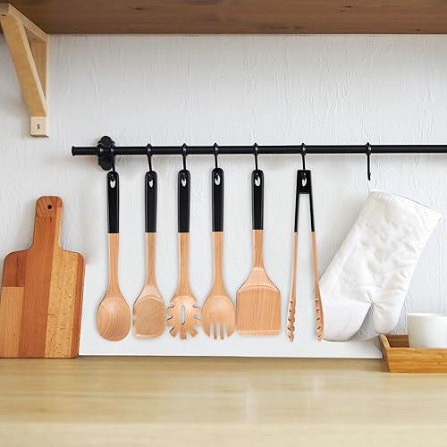 Miniatura 6 de Cucharas de madera para cocinar, 6 utensilios de cocina de madera de haya natural con agujero para colgar, agarre suave, esenciales de cocina, color