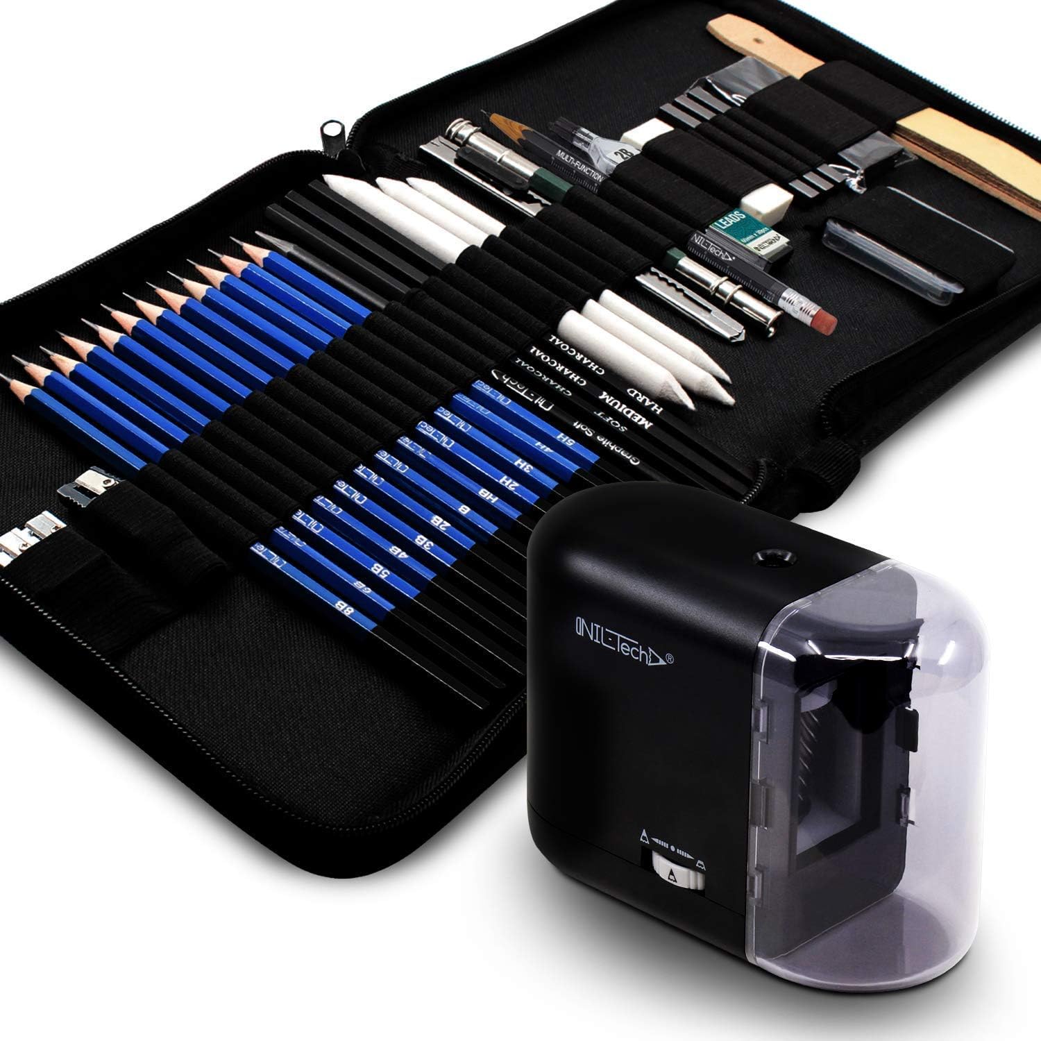 NIL - TECH 37-Piece Sketching & Drawing Set PLUS Electric Pencil Sharpener - With Sketch Pad and Drawing Tutorials Digital Library