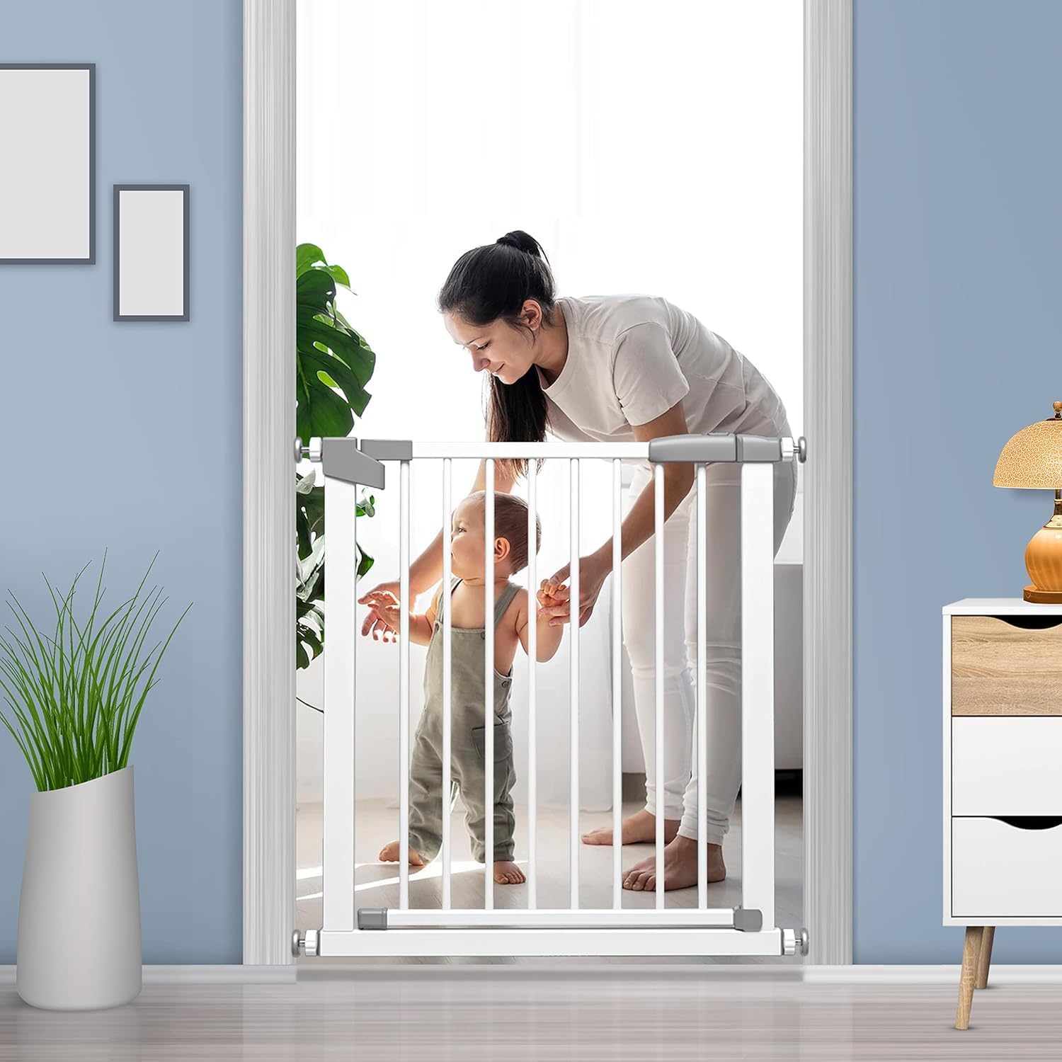 StarAndDaisy Baby Safety Gate for Kids/Child/Stair Barricade Door with Two Way Auto Close, No Dril Required Retractable Door with Adjustable Lock-(76-83 cm, White)
