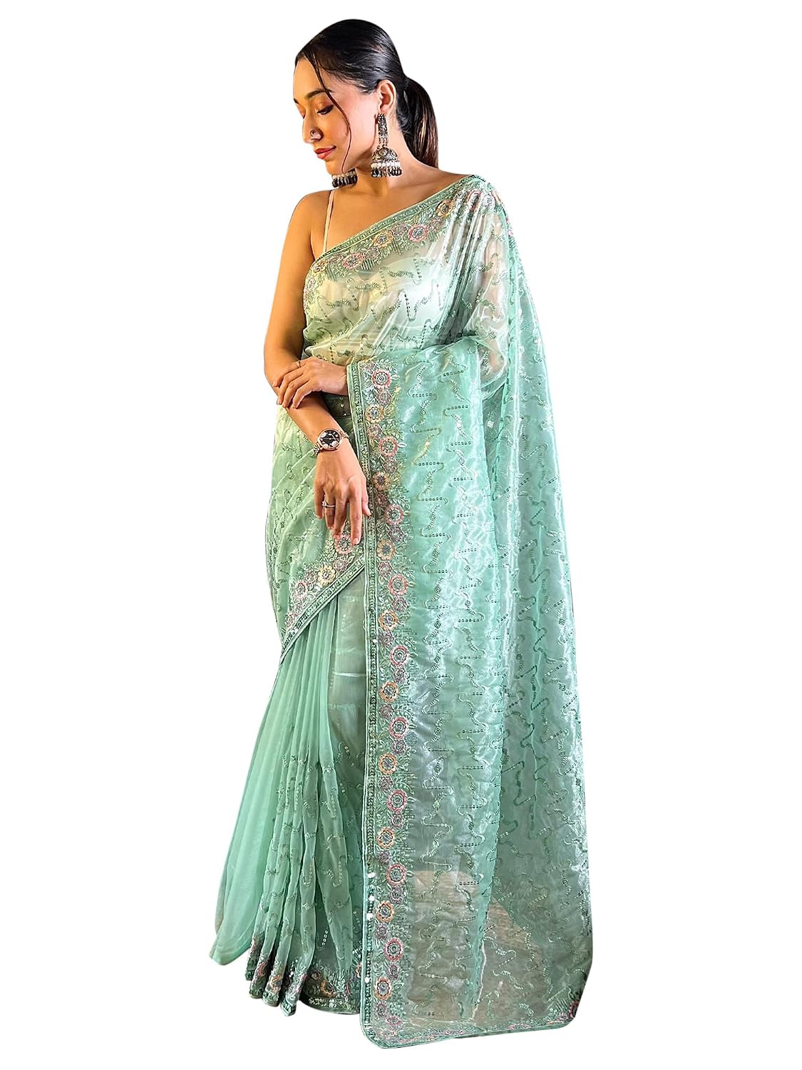 AKHILAM Women's Tissue Embellished Saree With Unstitched Blouse (AAVYA5801_HV_Parent) - Review, Price and Buying Guide
