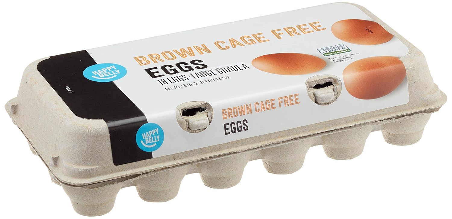 Amazon Brand - Happy Belly Cage Free Brown Eggs, Grade A, 18 Count (Packaging May Vary)